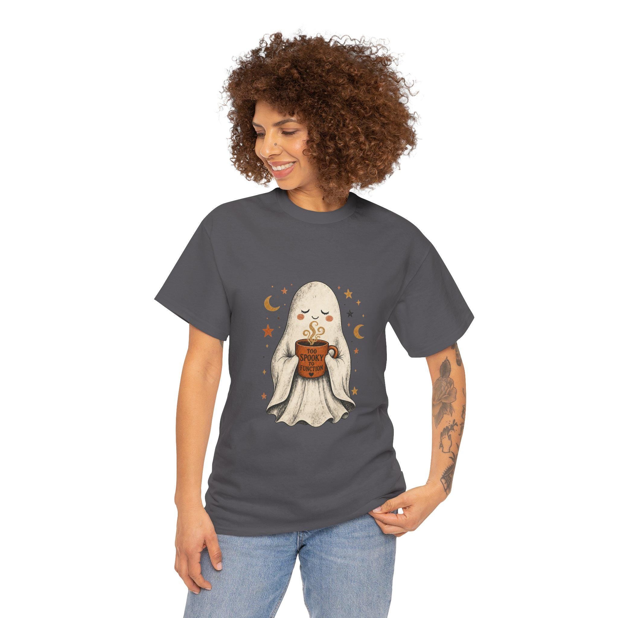 Cozy Ghost Holding Pumpkin Mug Tee | Halloween Cute Ghost Shirt