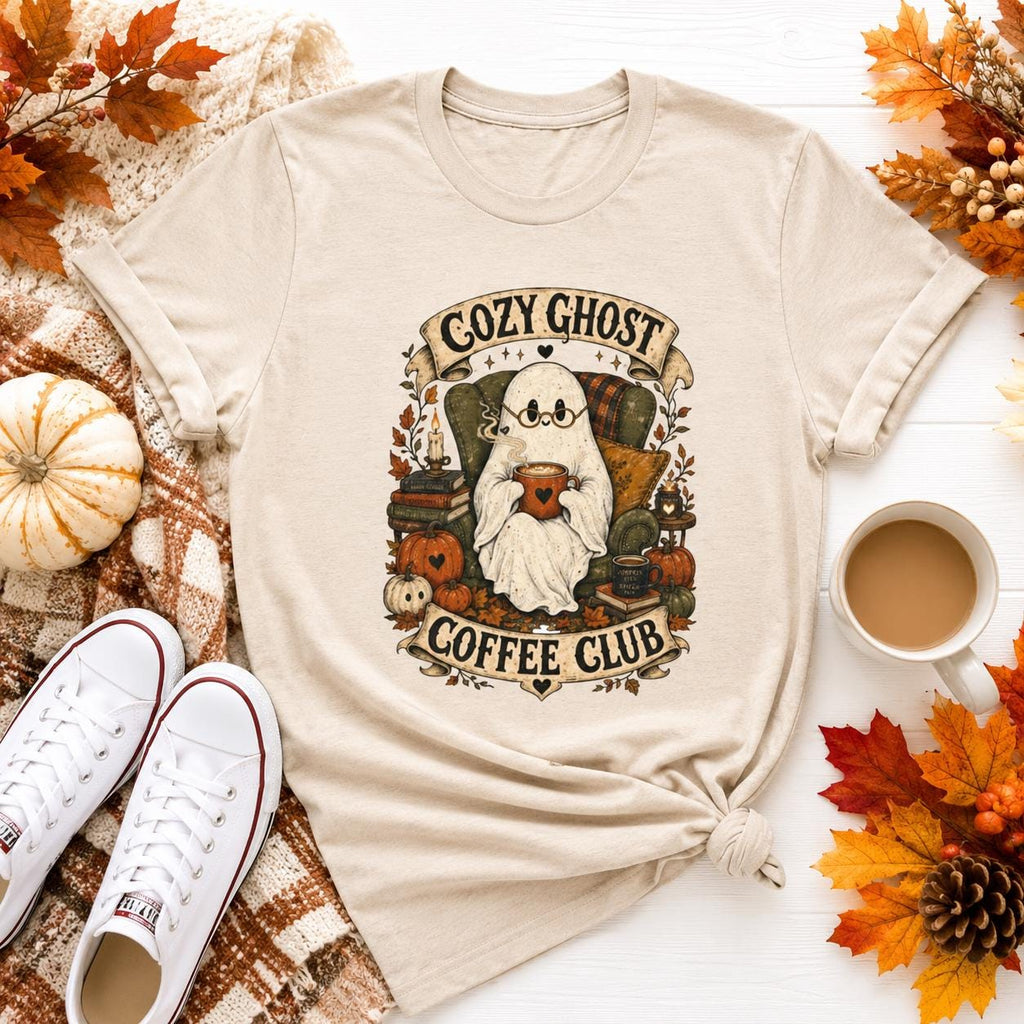 Ghost Coffee Club Shirt | Cute Spooky Fall Tee | Cottagecore Halloween Graphic Gift for Book Lovers