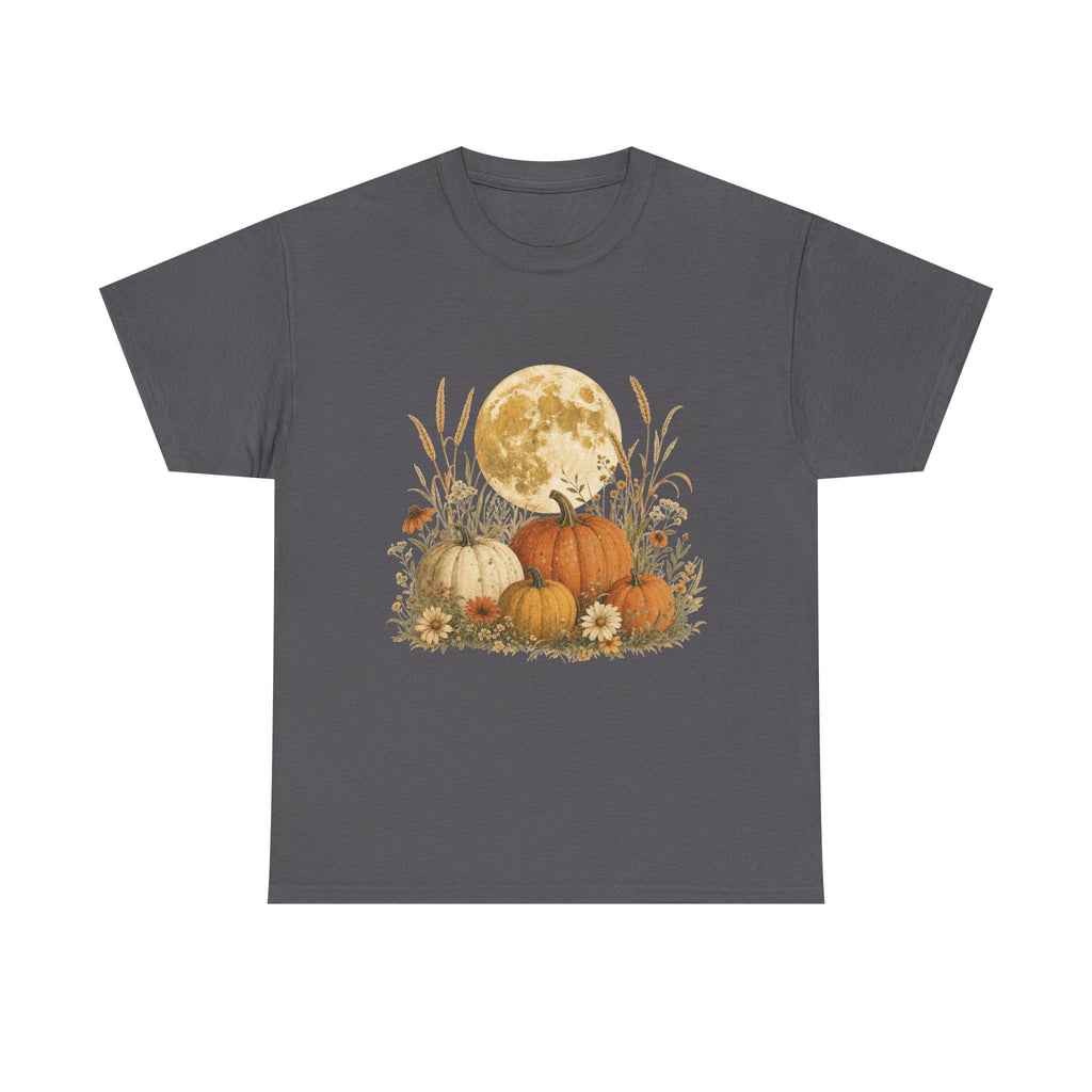 A dark gray t-shirt with a graphic of a full moon behind a patch of pumpkins, tall grass, and flowers.