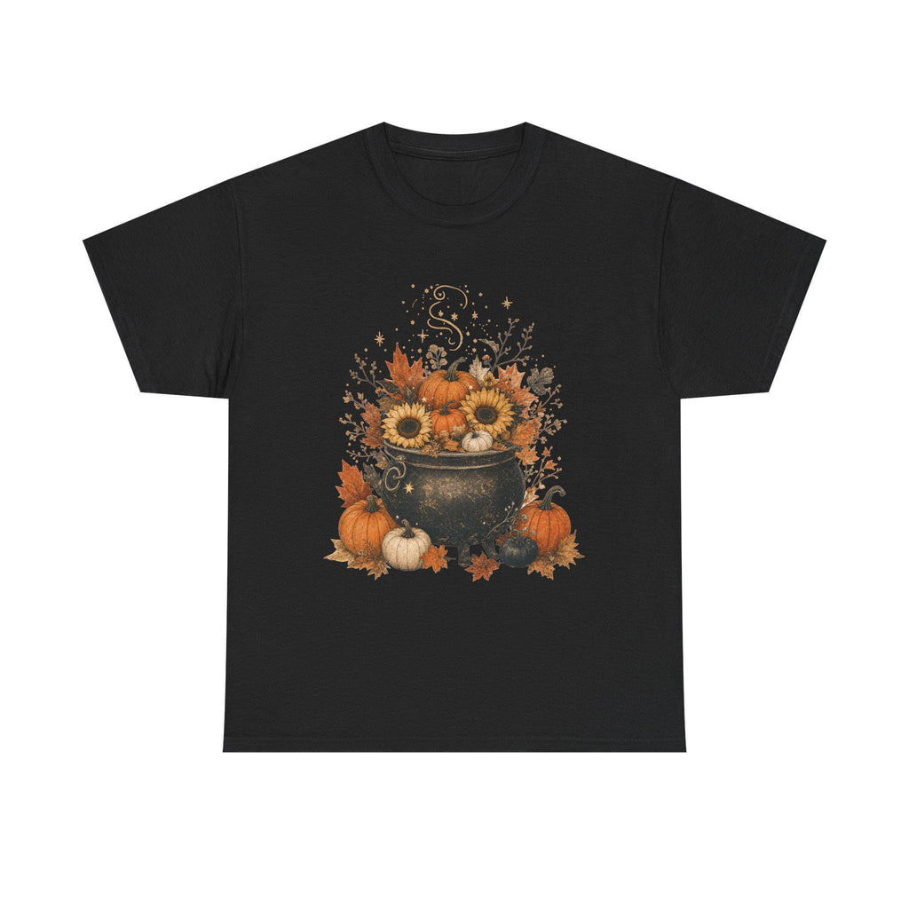 A black short-sleeved t-shirt with a fall-themed graphic of a black cauldron filled with sunflowers, pumpkins, and autumn leaves.