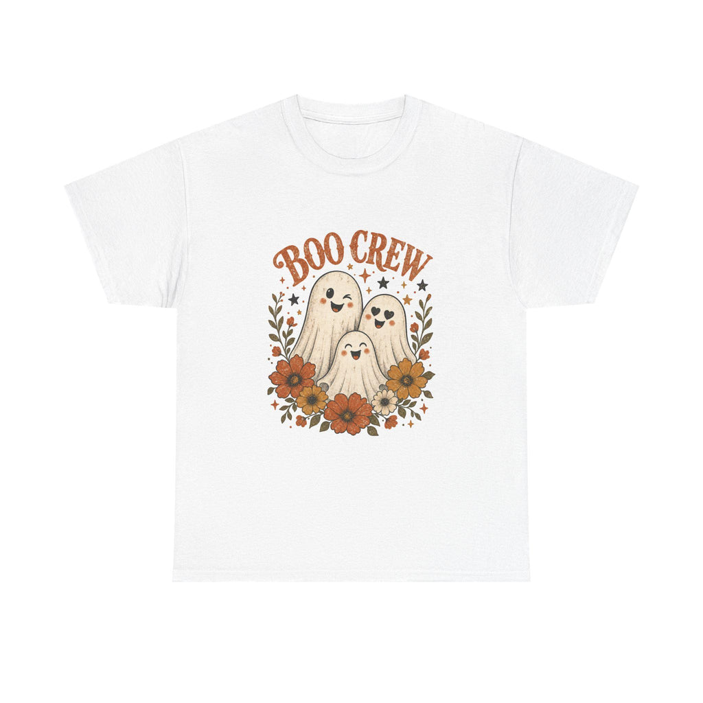 A white t-shirt with a "Boo Crew" graphic featuring three ghosts surrounded by orange and white flowers.