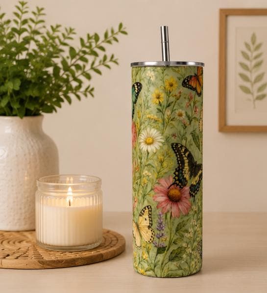Butterfly Garden Tumbler, Floral Butterfly Cup, Wildflower Skinny Tumbler, Cottagecore Tumbler, Nature Gift,