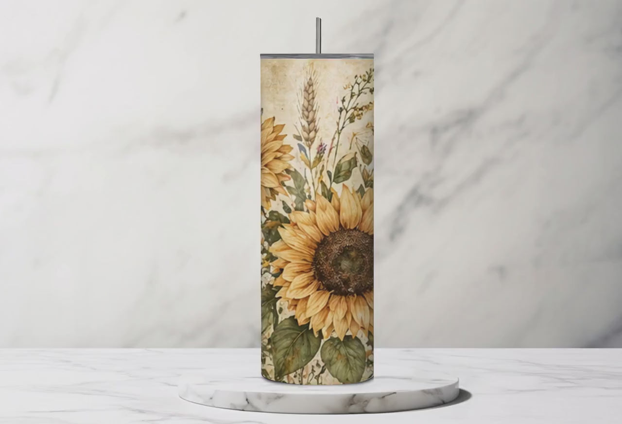 Sunflower Tumbler | Rustic Floral Stainless Steel Insulated Cup (20oz, 30oz)