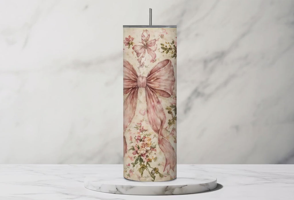 Floral Bow Tumbler | Pink Vintage Coquette Style Stainless Steel Travel Mug
