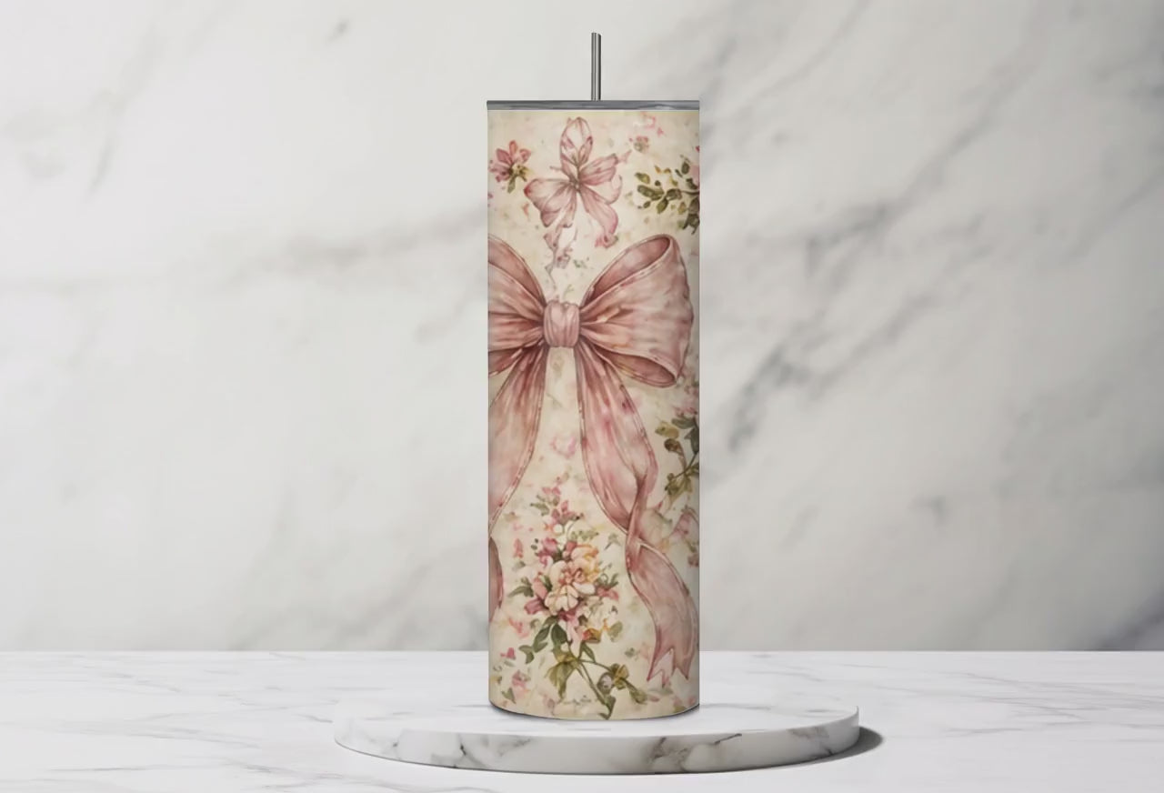 Floral Bow Tumbler | Pink Vintage Coquette Style Stainless Steel Travel Mug
