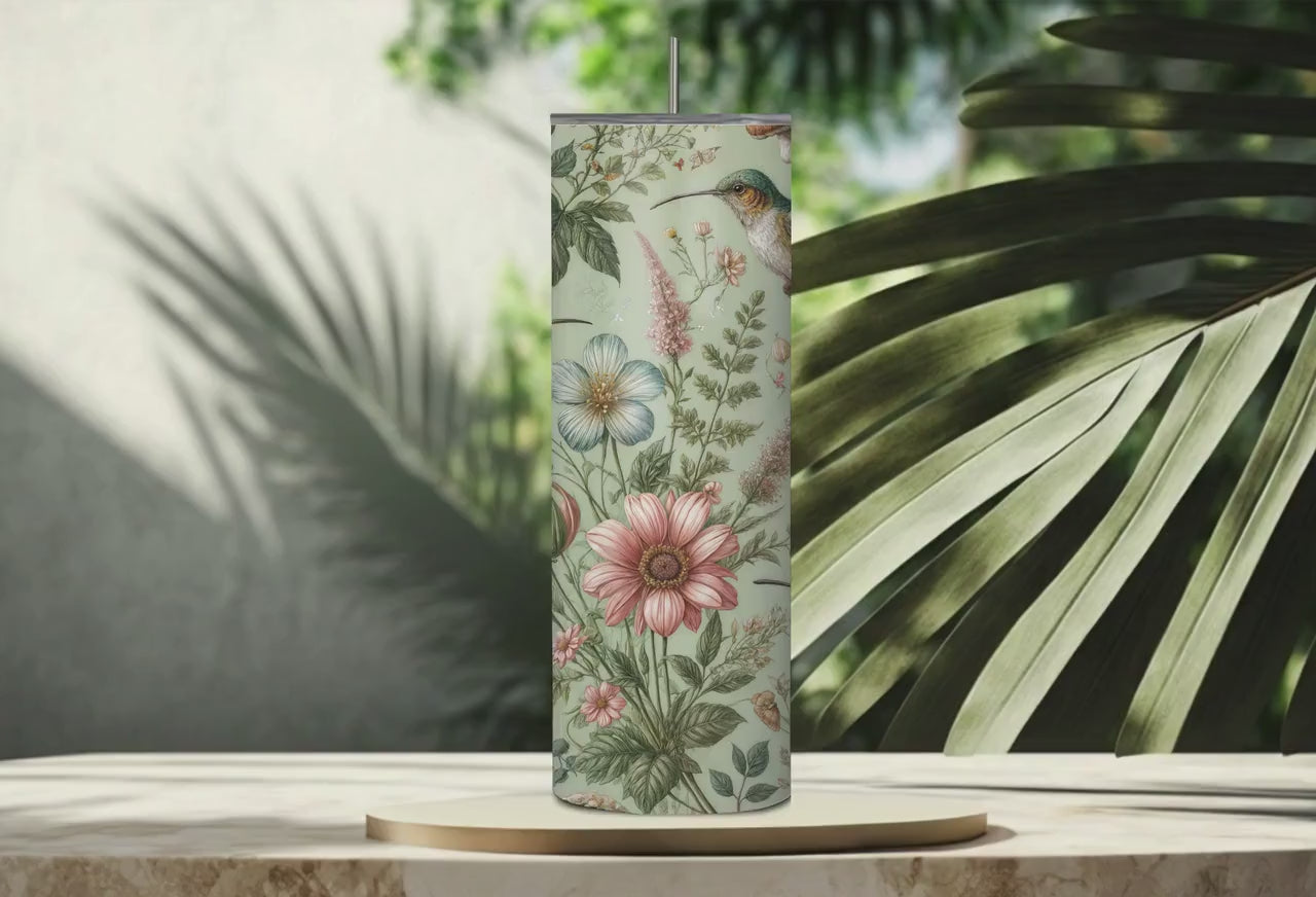 Hummingbird Botanical Floral Skinny Tumbler | Insulated Stainless Steel Cup