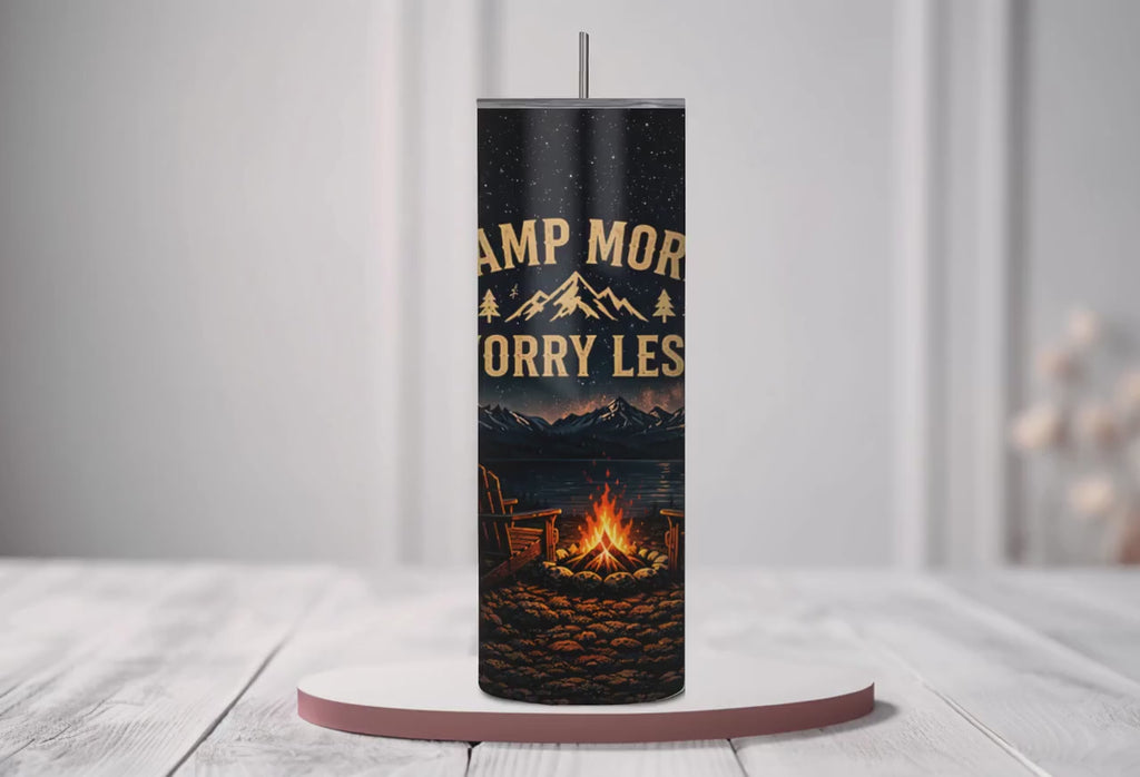 Camping Tumbler|Camp More Worry Less Tumbler, Insulated Stainless Steel Travel Mug, Outdoor Campfire Cup