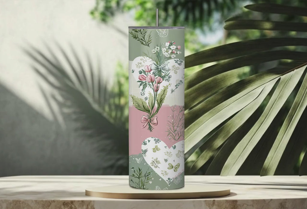 Floral Heart Stainless Steel Tumbler | Pink Sage Botanical Travel Mug