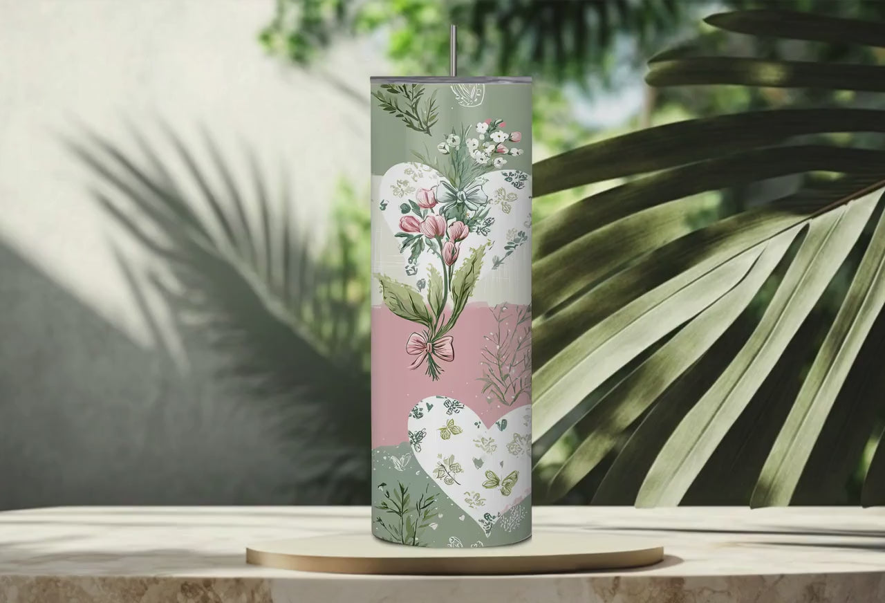 Floral Heart Stainless Steel Tumbler | Pink Sage Botanical Travel Mug