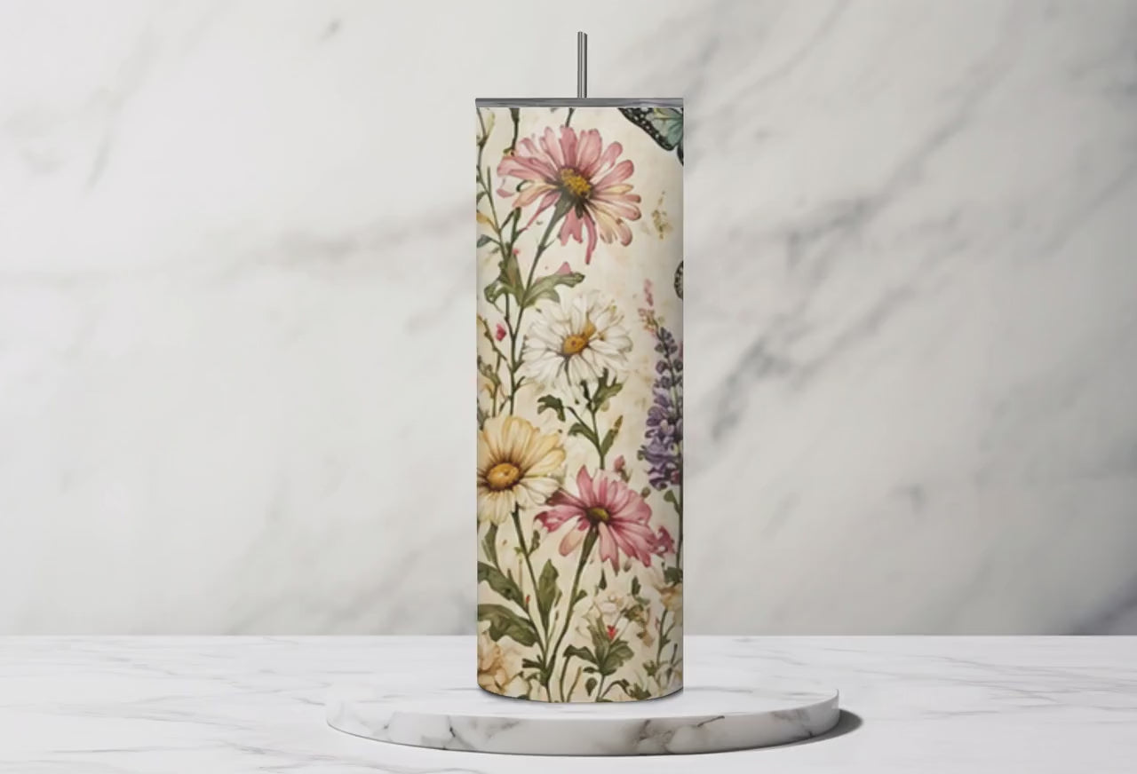 Butterfly Wildflower Stainless Steel Tumbler, Cottagecore Boho Nature Drinkware
