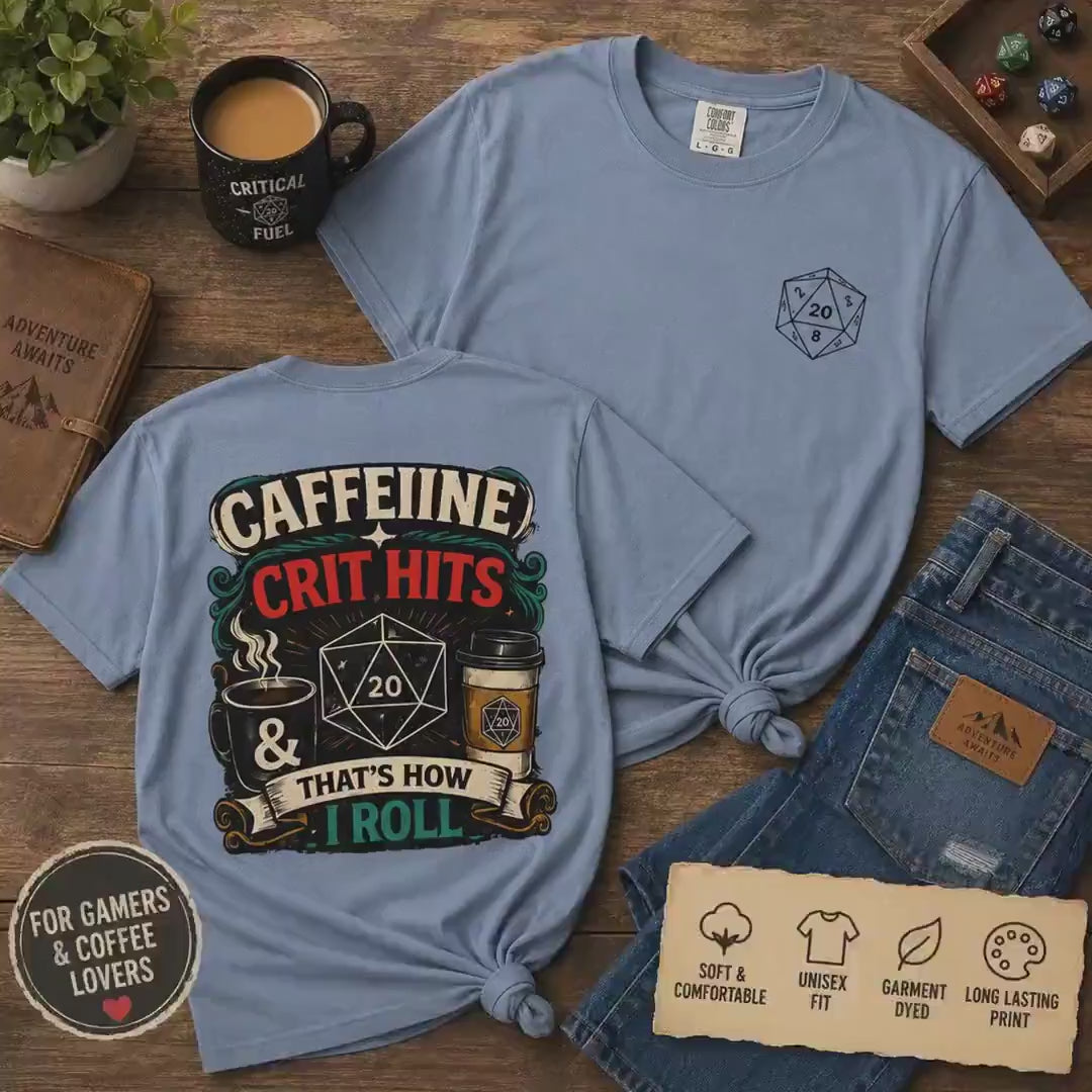 D20 Caffeine Crit Shirt, Funny DnD T-Shirt, Dungeons and Dragons Coffee Tee, Tabletop RPG Gift, DnD Nerd Gamer Shirt for Him